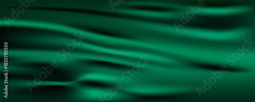 Green drapery silk fabric luxury background. Wavy abstract satin cloth vector texture pattern. Smooth shiny drape material curtain. Elegant velvet curve motion image realistic horizontal design. Eps10
