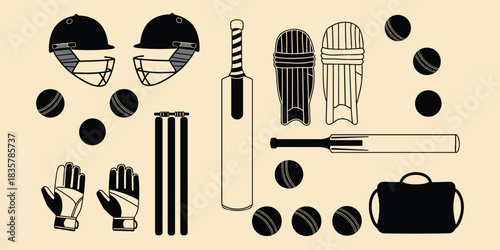 Black cricket equipment including helmets bats balls wickets gloves and bag sport