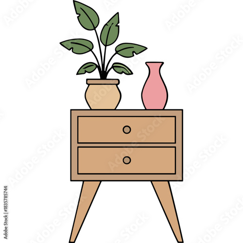 Minimalist Illustration of a Potted Plant and a Pink Vase on a Two-Drawer Wooden Nightstand with Mid-Century Modern Legs