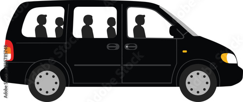 Black minivan with silhouetted passengers inside on white background vehicle transport