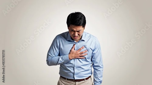 Asian Man Experiencing Chest Discomfort, Pain, or Medical Emergency on Neutral Background