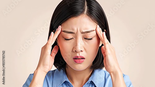 Asian Woman Deals With Intense Headache Pain Symptom Shown in Series Photo Frames