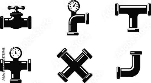 Black plumbing pipe fittings and gauges icons on white background valve