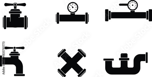 Black silhouette icons of plumbing pipes valves and pressure gauge faucet