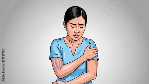 Asian Woman Experiencing Shoulder Pain and Discomfort With Various Expressions