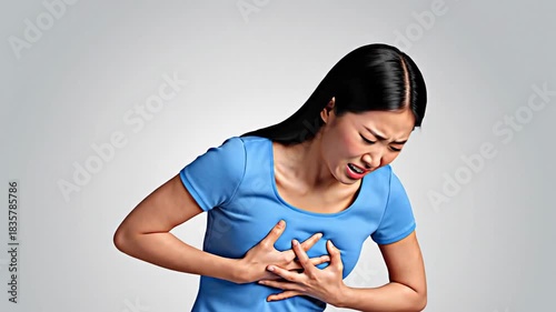 Asian Woman Experiencing Distress And Pain, Likely Suffering Heart Troubles.