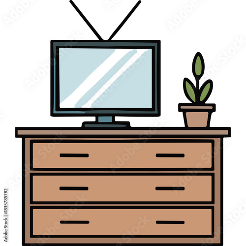 Minimalist Illustration of a Television Set Resting on a Three-Drawer Dresser With a Potted Plant Beside It Featuring a Light Blue Screen and Wooden Tones