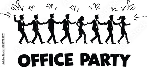 Black silhouettes of people in suits and dresses holding hands walking with celebratory lines above office party