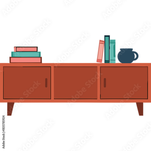 Minimalist Mid Century Modern Wood Console Table With Stacked Books And Mug On A Black Background