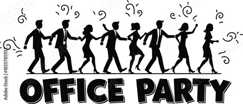 Black silhouettes of people in suits and dresses walking in a line with celebratory swirls office party