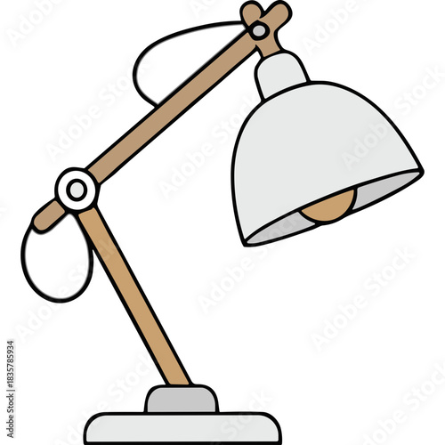 Minimalist modern desk lamp with articulated arm and dome shade in neutral tones featuring a warm light bulb on a black background with a clean design suitable for home office or study spaces