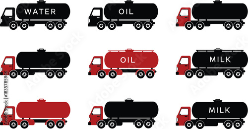 Collection of black and red tanker trucks labeled water oil and milk liquid transport water truck