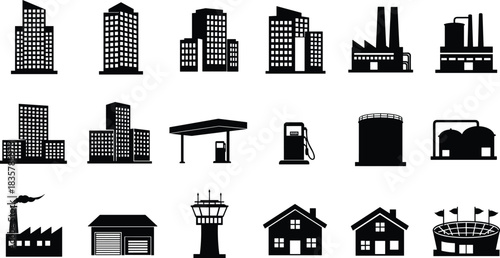 Collection of black building icons including skyscrapers factories gas station and stadium skyscraper icon