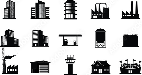 Collection of black building silhouettes including factories offices and stadium factory skyscraper