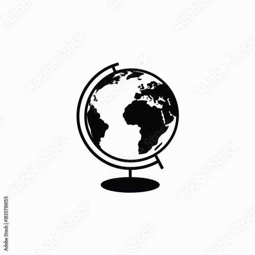 Simple black and white icon of a globe on a stand