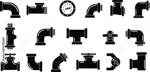 Collection of black plumbing pipe fittings and pressure gauge icons connection elbow
