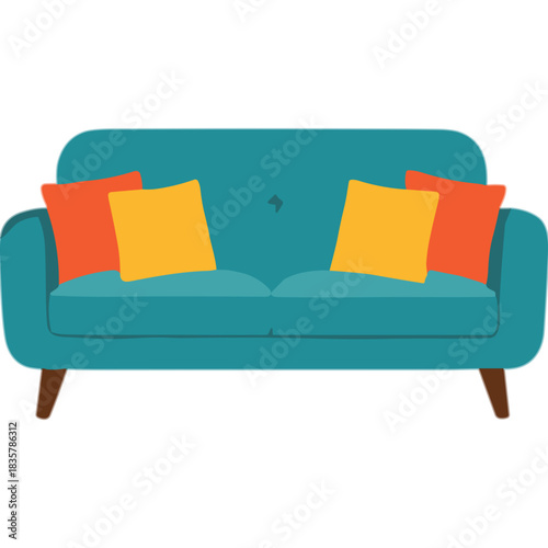 Turquoise Mid Century Modern Sofa with Four Brightly Colored Throw Pillows Arranged on a Clean White Background