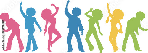 Colorful Silhouettes of People Dancing in Disco Style retro