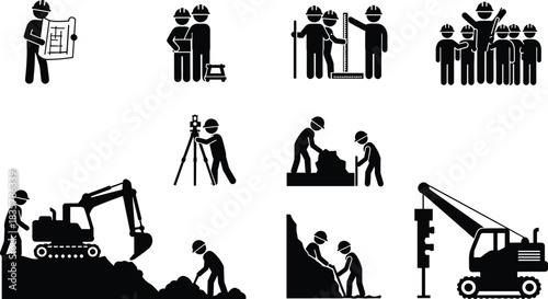 Construction workers planning surveying digging excavating and operating machinery person people
