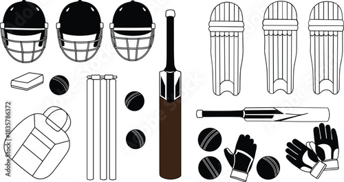 Cricket equipment collection including helmets bats balls wickets gloves and pads sport