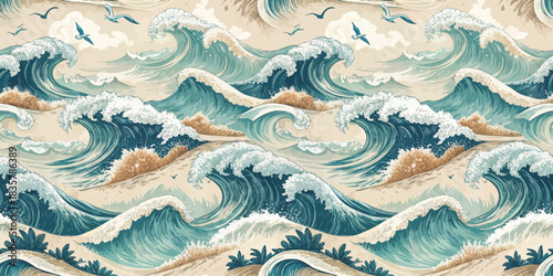 Vibrant ocean waves in rich blue and teal tones, creating a serene coastal pattern.