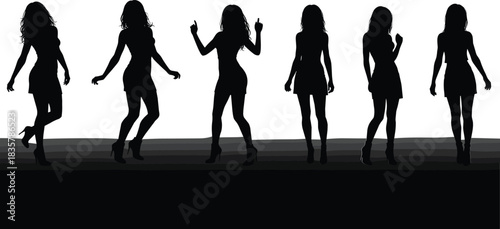 Six black female silhouettes in dresses and high heels dancing and posing woman girl