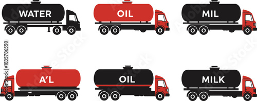 Six Tanker Trucks with Labels Water Oil Milk and A L vehicle transport