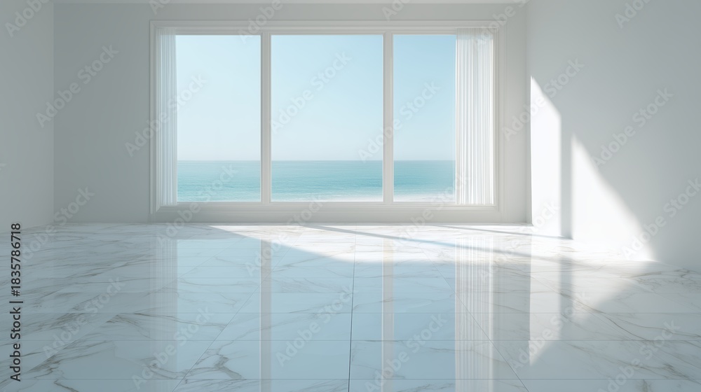 Fototapeta premium Empty room with ocean view, white marble floor, natural light