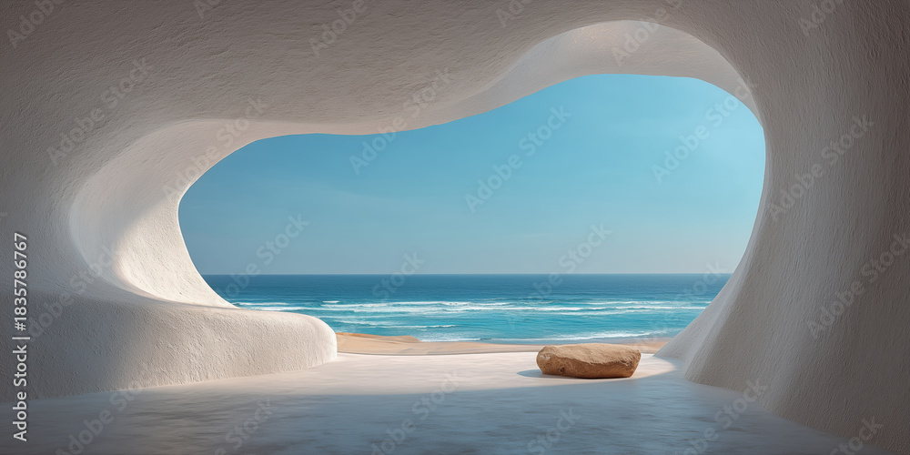 Fototapeta premium Minimalist concrete archway overlooking serene ocean and sandy beach