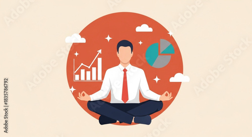 Business Man Meditating Calmly with Financial Charts and Graphs in the Background Representing Success and Serenity