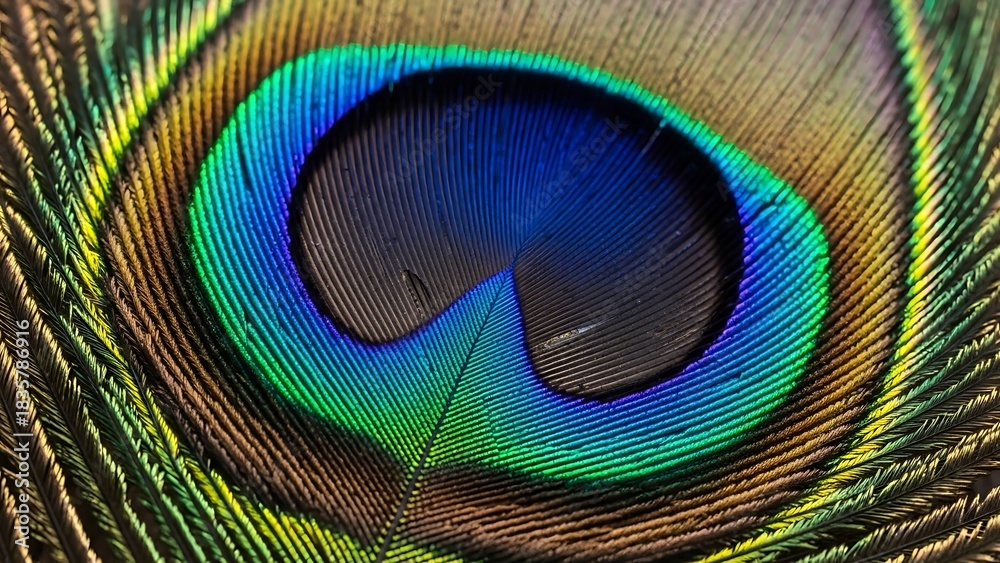 Naklejka premium Close up of vibrant peacock feather with iridescent blue, green, and gold.