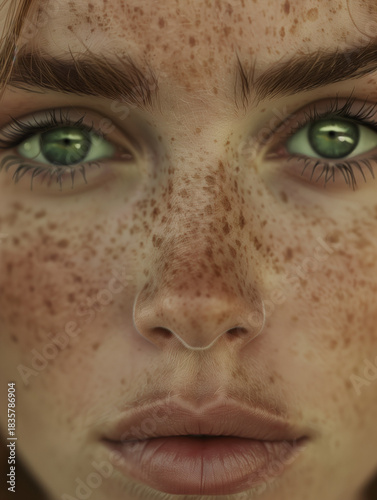 Close-up portrait of a young woman with bright freckles, green eyes, and natural skin texture