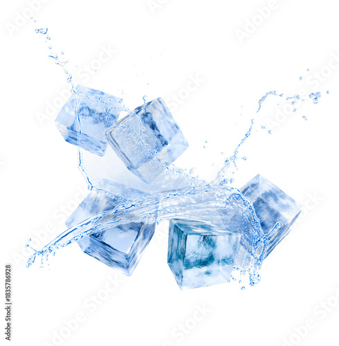 Ice cubes and splash of water in air on white background