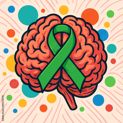 Mental Health Awareness Brain Green Ribbon Support