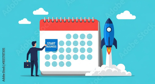 New business startup concept with businessman placing 'Start Business' sticker on calendar and rocket launch illustration