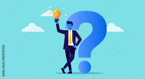 creativity and problem-solving Businessman holding a light bulb against a giant question mark