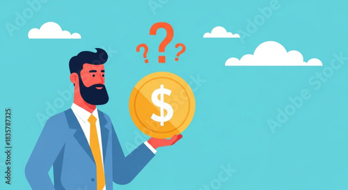 Man contemplating coin with question marks, financial uncertainty, investment decision, and economic strategy concept