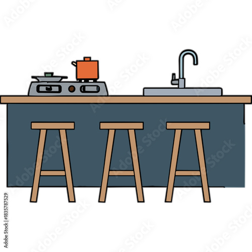 Modern Kitchen Counter With Stovetop Sink And Three Stools In A Clean Minimalist Style With Orange Pot And Silver Faucet