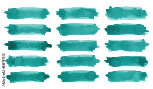 Vibrant collection of hand-painted aquamarine watercolor brush strokes, offering unique organic textures and a fresh artistic feel on a clean white background, ideal for creative design projects.