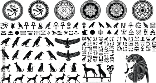 Ancient Egyptian Symbols Set, Eye of Horus, Ankh, Hieroglyphs, Pharaoh, Dog, Crow, Raven, Occult Mystic Mandala, Black and White Vector Illustration Content