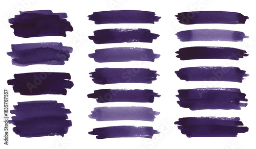 Versatile collection of hand-painted watercolor brush strokes in deep purple and indigo tones, offering abstract textures and graphic design elements for artistic projects, digital backgrounds, and cr