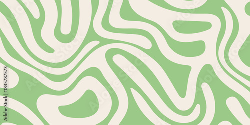 Abstract simple trippy background with green wavy lines pattern. Abstract groovy backdrop in retro 60-70s style. Cool funky ripple stripes design. vector illustration eps10