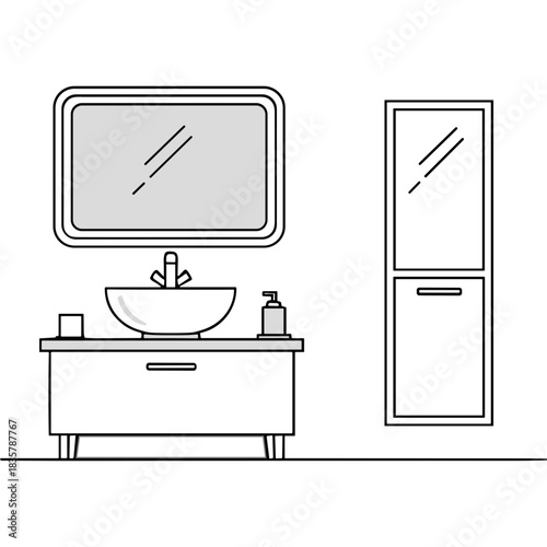 Modern Bathroom Vanity With Sink Mirror Cabinet And Soap Dispenser Minimalist Interior Design Line Art Illustration Isolated On Black Background