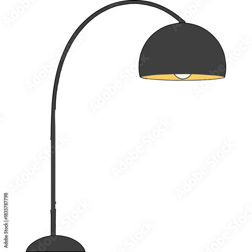 Modern Dark Gray Arching Floor Lamp with Dome Shade and Warm Yellow Light Illuminating the Interior Space