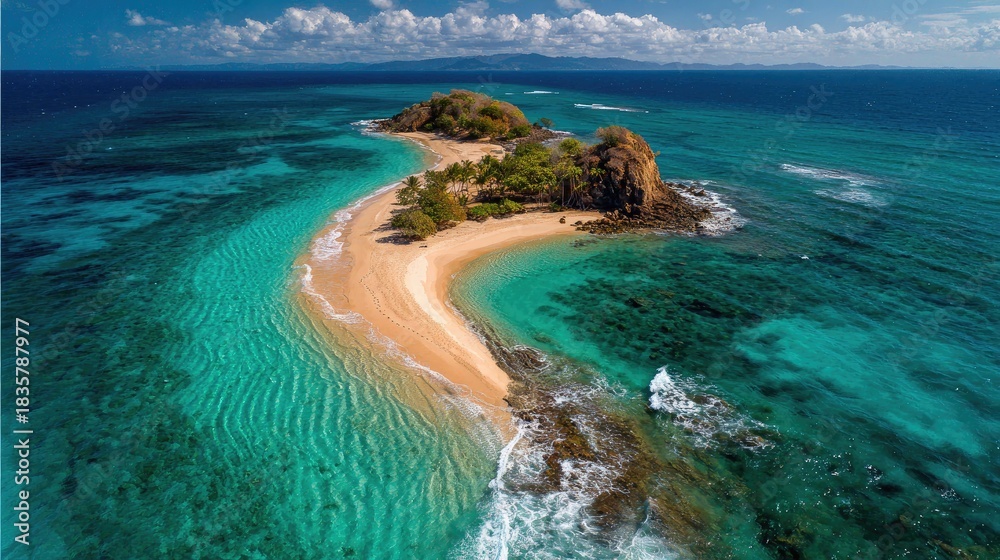 Obraz premium Tropical island paradise with turquoise water sandy beach and blue sky