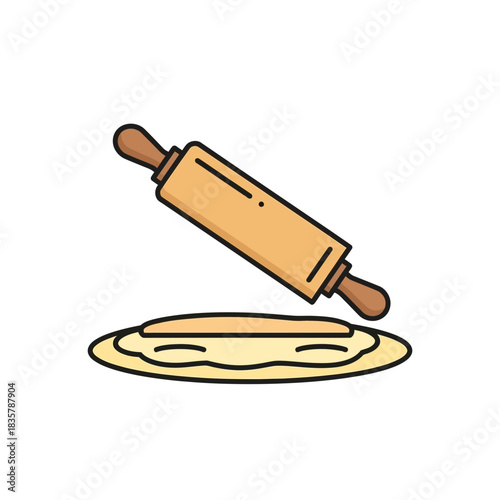 A wooden rolling pin flattening dough for baking on a flat surface, preparing homemade treats