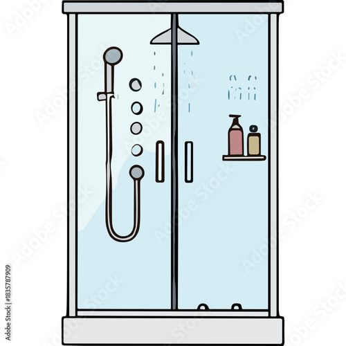 Modern Glass Shower Enclosure With Multiple Shower Heads And Bottles On Shelf Clean Bathroom Interior Design With Water Droplets