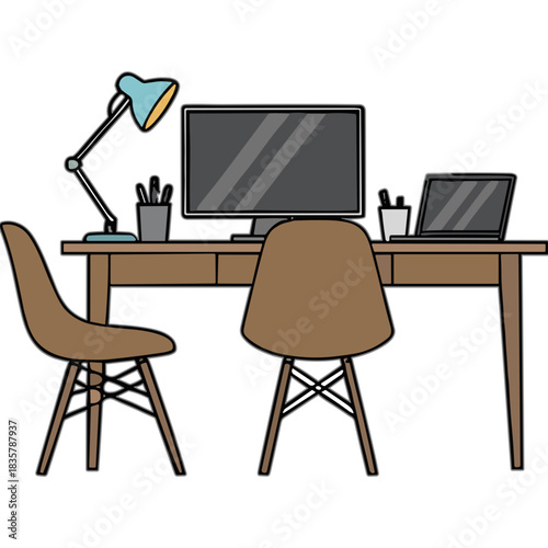 Modern Home Office Desk Setup With Two Chairs Computer Monitor and Laptop Illuminated By Desk Lamp Minimalist Design Wooden Furniture For Productive Work Environment Clean And Organized Workspace