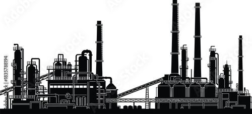 Black silhouette of industrial petrochemical refinery plant, complex manufacturing facility, oil and hic, pollution, vector illustration