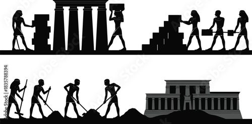 Ancient builders at work, silhouette vector of Egyptian laborers hauling stone blocks, temple construction scene, historical architecture, manual labor, archaeological illustration